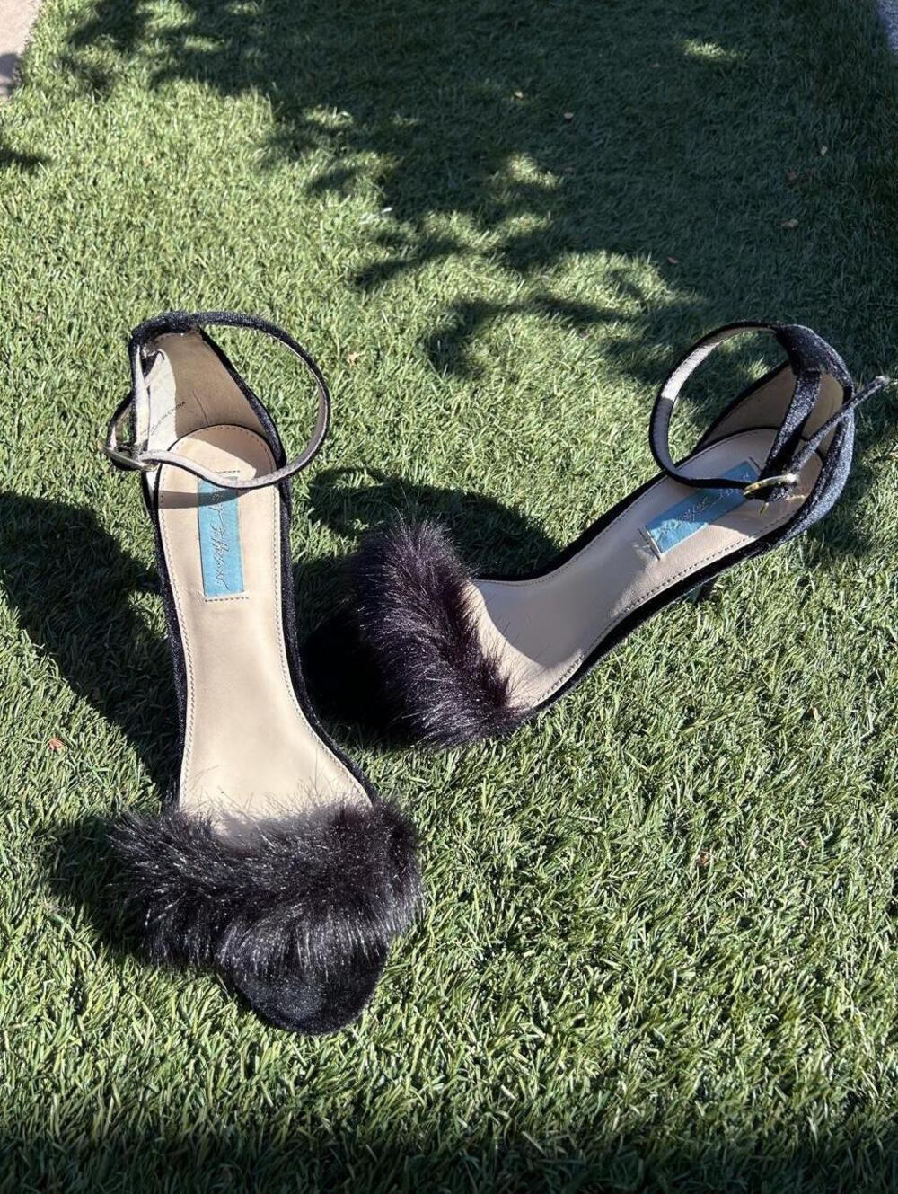 Blue by Betsey Johnson Black Faux Fur Ankle Strap Sandals